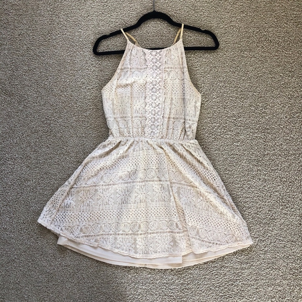 Lush Cream Lace Halter Mini Dress Boho Bridal Shower Size S